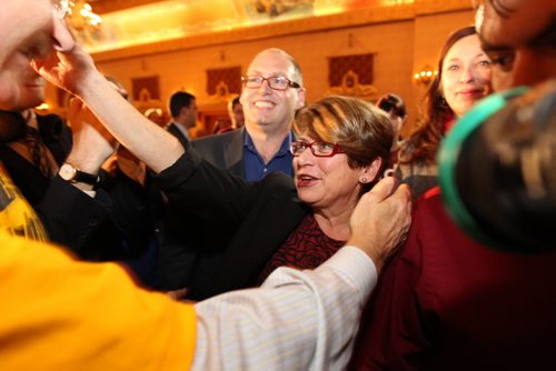 Judy Wasylycia-Leis makes her way through her crowd of supporters to the stage to give her concession speech to her followers after losing to Brian Bowman her bid to become Winnipeg's 43rd mayor of Winnipeg Wednesday night at the Fort Garry Hotel.   Oct 22,  2014 Ruth Bonneville / Winnipeg Free Press