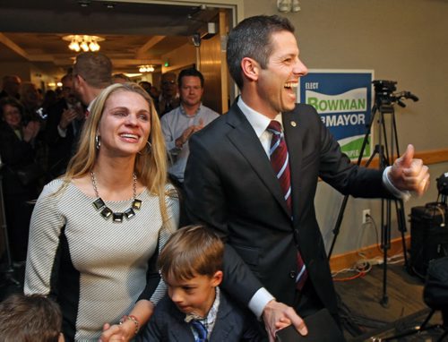 Brian Bowman the mayor elect of Winnipeg arrives with his wife Tracy at his campaign headquarters at the Inn at the Forks in Winnipeg Wednesday night-See Aldo Santin story - Oct 22, 2014   (JOE BRYKSA / WINNIPEG FREE PRESS)