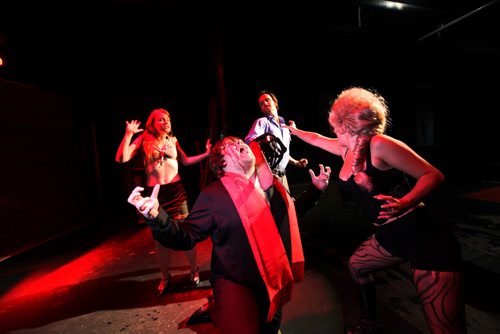 ENT; Scene from the musical - Evil Dead playing at the Park Theatre. Names of characters from scene: Sam Kowaluk (red scarf), Mallory Schellemberg (rear), Adam Hurtig (chainsaw) and Teela Tomassetti (right).  Oct 24,  2014 Ruth Bonneville / Winnipeg Free Press