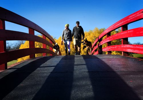 Summer Struve and Jeff Ross walk their dogs Poe (left) and Drake over the bright red bridge at Kings Park as they head to the dogs park on a beautiful, sunny, October afternoon.  Standup photo.  Oct 25,  2014 Ruth Bonneville / Winnipeg Free Press