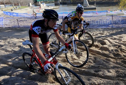 Participants in the Junior and Under 23 category at the Canadian Cyclocross Championships on a course around The Forks, Saturday, October 25, 2014. (TREVOR HAGAN/WINNIPEG FREE PRESS)