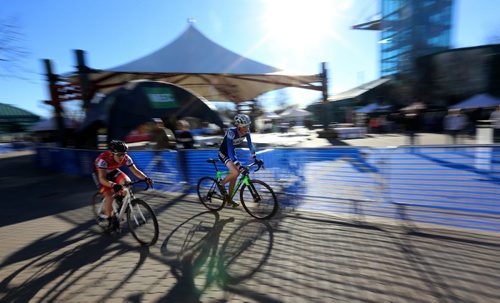Participants in the Junior and Under 23 category at the Canadian Cyclocross Championships on a course around The Forks, Saturday, October 25, 2014. (TREVOR HAGAN/WINNIPEG FREE PRESS)