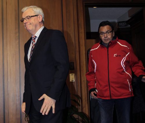 At left, Premier Greg Selinger and Eric Robinson, Minister of Aboriginal and Northern Affairs leads the MLAs into the news conference Tuesday afternoon in the Manitoba Legislative building.  Larry Kusch/ Bruce Owen stories. Wayne Glowacki/Winnipeg Free Press Oct.28   2014Bruce Owen story. Wayne Glowacki/Winnipeg Free Press Oct.28   2014