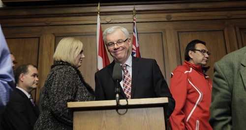 Premier Greg Selinger finishes up at his news conference as his MLAs file out Tuesday afternoon in the Manitoba Legislative building. Greg Selinger will carry on as Premier of Manitoba.  Larry Kusch/ Bruce Owen stories. Wayne Glowacki/Winnipeg Free Press Oct.28   2014Bruce Owen story. Wayne Glowacki/Winnipeg Free Press Oct.28   2014