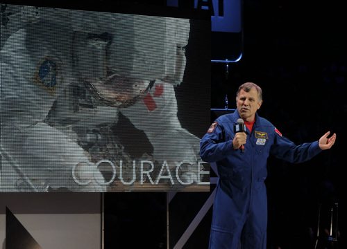 Canadian astronaut Dr. Dave Williams speaks to the 16,000 students attending the WE Day Event in the MTS Centre Wednesday. Nick Martin  story. Wayne Glowacki/Winnipeg Free Press Oct.29   2014