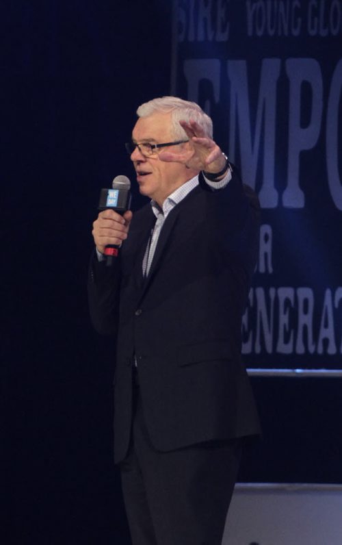 Premier Greg Selinger speaks to the 16,000 students attending the WE Day Event in the MTS Centre Wednesday. Nick Martin  story. Wayne Glowacki/Winnipeg Free Press Oct.29   2014