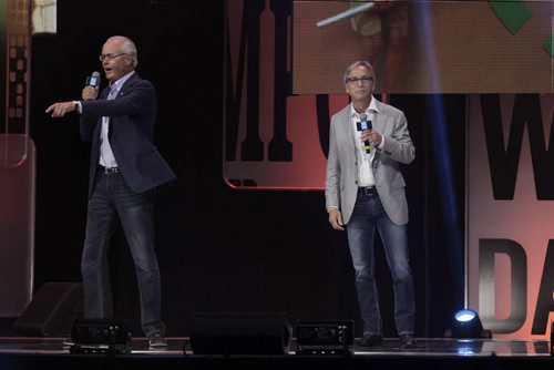 We Day Manitoba Co-chairs Hartley Richardson at left with Bob Silver at the WE Day Event in the MTS Centre Wednesday. Nick Martin  story. Wayne Glowacki/Winnipeg Free Press Oct.29   2014