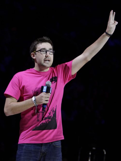 Travis Price,Co-founder of Pink Shirt Anti-Bullying Day speaks  at the WE Day event in the MTS Centre Wednesday. Nick Martin¤ story. Wayne Glowacki/Winnipeg Free Press Oct.29 ¤ 2014