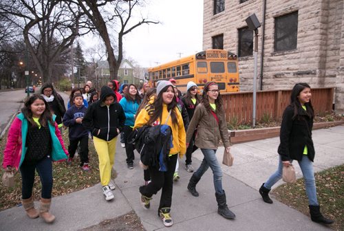 Waywayseecappo students leave Elim Chapel headed to the MTS Centre for We Day.  at We Day Manitoba 2014.  141029 - Wednesday, October 29, 2014 - (Melissa Tait / Winnipeg Free Press)