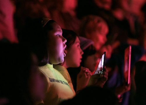 Taleatha Whitehawk yells in the crowd. Waywayseecappo at We Day Manitoba 2014.  141029 - Wednesday, October 29, 2014 - (Melissa Tait / Winnipeg Free Press)