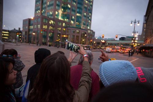 Waywayseecappo students take another selife on the way to MTS Centre for We Day.  Waywayseecappo at We Day Manitoba 2014.  141029 - Wednesday, October 29, 2014 - (Melissa Tait / Winnipeg Free Press)