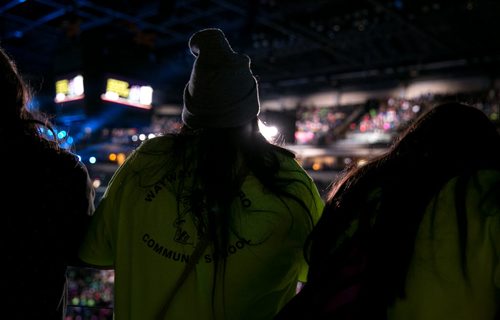 Students watch from the second level during lunch break. Waywayseecappo at We Day Manitoba 2014.  141029 - Wednesday, October 29, 2014 - (Melissa Tait / Winnipeg Free Press)