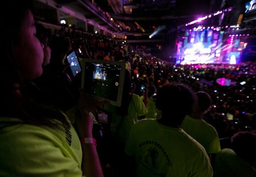 Students recorded most of We Day on their devices. Waywayseecappo at We Day Manitoba 2014.  141029 - Wednesday, October 29, 2014 - (Melissa Tait / Winnipeg Free Press)