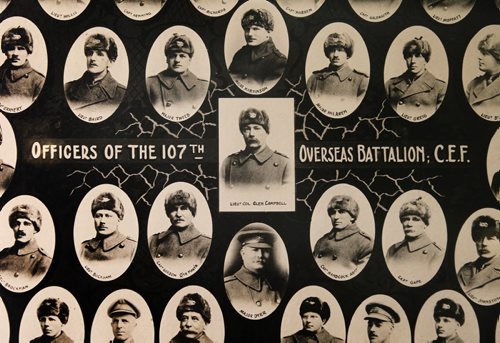 49.8 World War 1 / Remembrance Day Feature  Photo's of artifacts from the Legion House Museum at 134 Marion Street. Officers of the 107th Battalion with Lieut Col Glen Campbell (centre), who raised the 107th Overseas Battalion C.E.F. and led it on the Western Front until his death in October 1917. Oct 29,  2014 Ruth Bonneville / Winnipeg Free Press