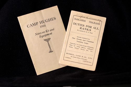 49.8 World War 1 / Remembrance Day Feature  Photo's of artifacts from the Legion House Museum at 134 Marion Street.  Duties for Rank and notes on kit and equipment booklets. Camp Hughes, where many Canadian soldiers trained, was located near Carberry, Manitoba.   Oct 29,  2014 Ruth Bonneville / Winnipeg Free Press