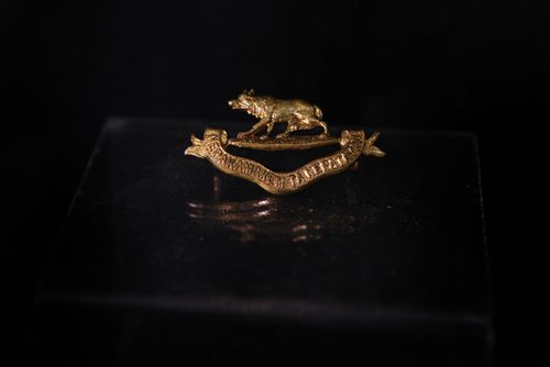 49.8 World War 1 / Remembrance Day Feature  Photo's of artifacts from the Legion House Museum at 134 Marion Street. "Nepakamakem ta nepatayan" motto on the 32nd Manitoba Horse pin. This unit perpetuated the former Boulton's Scouts (Canadian force during Northwest Rebellion); Glenlyon Campbell served in Boulton's Scouts. The 107th Battalion C.E.F., which Campbell raised, also has stalking wolf as logo. Oct 29,  2014 Ruth Bonneville / Winnipeg Free Press