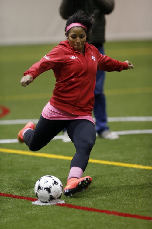 Stdup .Puts on a Show .  Olympic medallist Desiree Scott and former Blue Bomber Troy Westwood  put on a field goal and soccer  penalty kicking demonstration at Investor's Stadium and next door at Subway Soccer South Indoor Soccer Complex in support of the First Annual Desiree Scott KidSport Soccer Camp to be held Sunday Nov. 2 at Seven Oaks Soccer-Plex . Scott won the soccer portion and Westwood the field goal kicking event.the camp will be put on for 125 female soccer players ages 9-18 .  OCT. 31 2014 / KEN GIGLIOTTI / WINNIPEG FREE PRESS