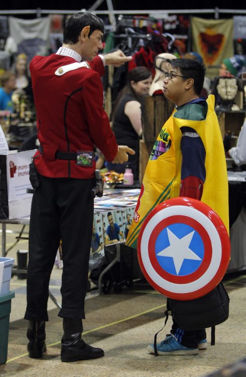 2014 Central Canada Comic Con at the RBC Convention Centre. Mitchell "Captian Crayon" and Gomez and (left) Paul "Spock Vegas" Forest chat it up on the third floor. BORIS MINKEVICH / WINNIPEG FREE PRESS October 31, 2014