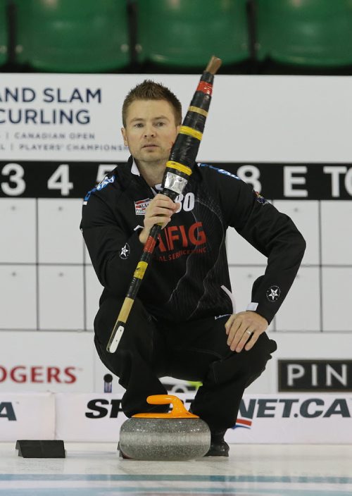 Winnipeg curler Mike McEwen prepares to shoot during action against CalgaryÄôs John Morris at The Masters Grand Slam of Curling at the Selkirk Recreational Complex  on Fri., Oct. 31, 2014. Photo by Jason Halstead/Winnipeg Free Press