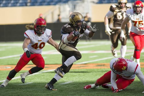 141101 Winnipeg - DAVID LIPNOWSKI / WINNIPEG FREE PRESS  The University of Manitoba Bisons Kienan LaFrance (#27) evades the Calgary Dinos at Investors Group Field Saturday November 1, 2014. The Bisons beat the Dinos 50-31 which secures them a playoff spot.