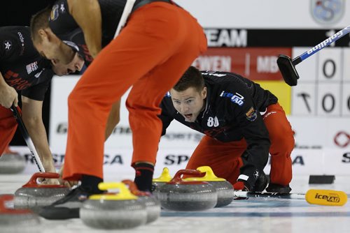 November 2, 2014 - 141102  -  Mike McEwen reacts to a shot during his championship game in the Masters Grand Slam of Curling against Brian Gushew in Selkirk, Sunday, November 2, 2014. John Woods / Winnipeg Free Press