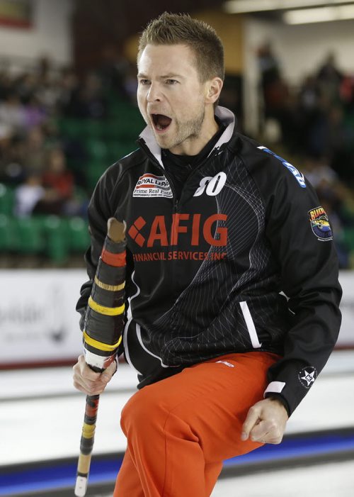 November 2, 2014 - 141102  -  Mike McEwen reacts to his four shot steal in the fifth end during his championship game in the Masters Grand Slam of Curling against Brian Gushew in Selkirk, Sunday, November 2, 2014. John Woods / Winnipeg Free Press