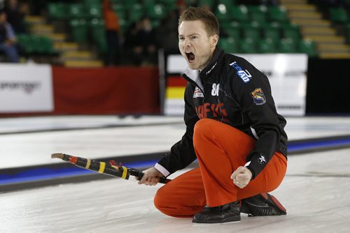 November 2, 2014 - 141102  -  Mike McEwen reacts to his four shot steal in the fifth end during his championship game in the Masters Grand Slam of Curling against Brian Gushew in Selkirk, Sunday, November 2, 2014. John Woods / Winnipeg Free Press