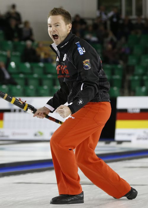 November 2, 2014 - 141102  -  Mike McEwen reacts to his four shot steal in the fifth end during his championship game in the Masters Grand Slam of Curling against Brian Gushew in Selkirk, Sunday, November 2, 2014. John Woods / Winnipeg Free Press