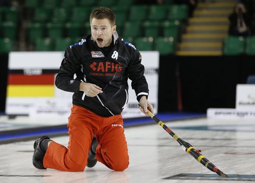 November 2, 2014 - 141102  -  Mike McEwen reacts to his shot during his championship game in the Masters Grand Slam of Curling against Brian Gushew in Selkirk, Sunday, November 2, 2014. John Woods / Winnipeg Free Press