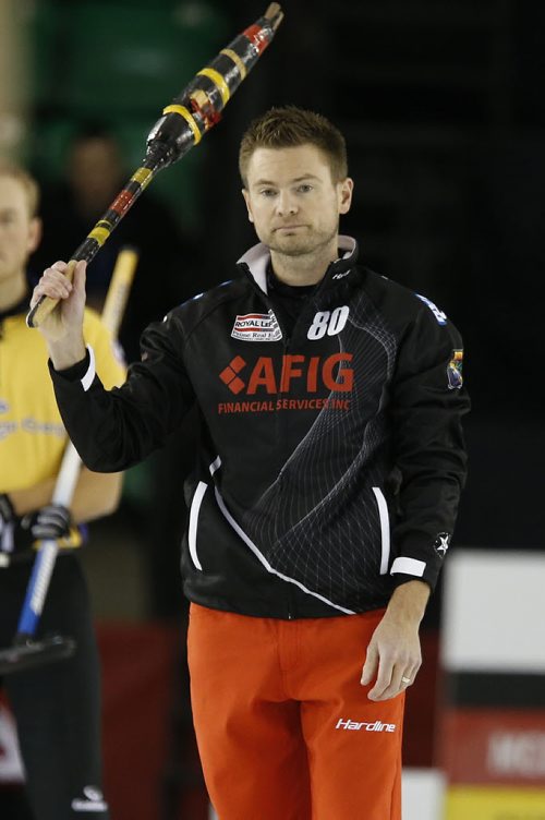 November 2, 2014 - 141102  -  Mike McEwen reacts to his shot during his championship game in the Masters Grand Slam of Curling against Brian Gushew in Selkirk, Sunday, November 2, 2014. John Woods / Winnipeg Free Press