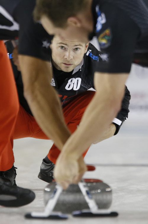 November 2, 2014 - 141102  -  Mike McEwen takes a shot during his championship game in the Masters Grand Slam of Curling against Brian Gushew in Selkirk, Sunday, November 2, 2014. John Woods / Winnipeg Free Press