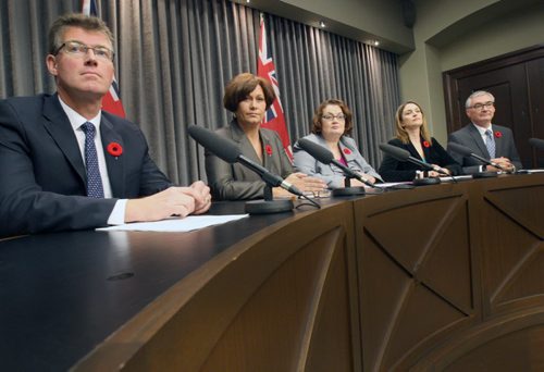 Five cabinet ministers who challenged Premier Greg Selinger on his leadership resigned from cabinet today. They held a news conference Monday morning at the Manitoba Legislature- L to R-Justice Minister Andrew Swan, Jobs and Economy Minister Theresa Oswald, Finance Minister Jennifer Howard, Health Minister Erin Selby, and Municipal Government Minister Stan Struthers See Bruce Owen Larry Kusch story  Nov 03, 2014   (JOE BRYKSA / WINNIPEG FREE PRESS)