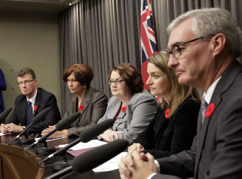 Dissident cabinet members hold a joint news conference to speak to the media Monday morning. From right : Stan Struthers, Erin Selby Jennifer Howard, Theresa Oswald and Andrew Swan.  (WAYNE GLOWACKI / WINNIPEG FREE PRESS) Nov.3 2014