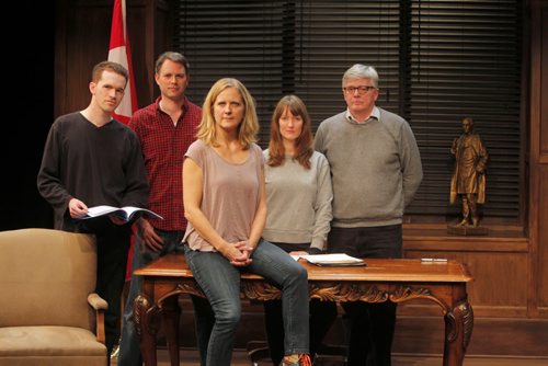 Theatre Projects Manitoba artistic director Ardith Boxall poses on the set of Proud, by Michael Healey. In behind her is cast: Kevin Gable, Eric Blais (red shirt), Daria Puttaert, and Ross McMillan. BORIS MINKEVICH / WINNIPEG FREE PRESS November 3, 2014