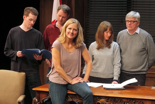 Theatre Projects Manitoba artistic director Ardith Boxall poses on the set of Proud, by Michael Healey. In behind her is cast: Kevin Gable, Eric Blais (red shirt), Daria Puttaert, and Ross McMillan. BORIS MINKEVICH / WINNIPEG FREE PRESS November 3, 2014