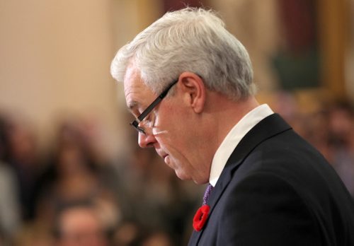 After a turbulent day with 5 senior ministers resigning from cabinet Premier Greg Selinger takes a moment to reflect at a ceremony where 5 new cabinet ministers were sworn in at the Manitoba Legislature Monday afternoon  - See Bruce Owen story - Nov 03, 2014   (JOE BRYKSA / WINNIPEG FREE PRESS)