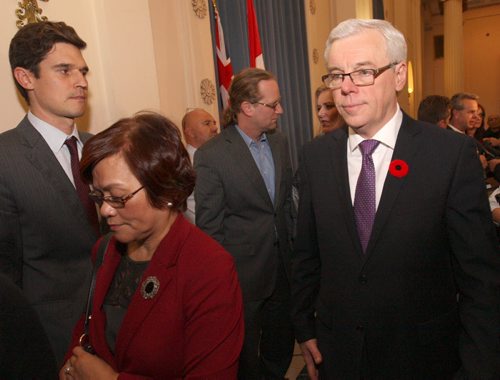 After a turbulent day with 5 senior ministers resigning from cabinet Premier Greg Selinger heads to his office after a ceremony where 5 new cabinet ministers were sworn in at the Manitoba Legislature Monday afternoon  - See Bruce Owen story - Nov 03, 2014 (JOE BRYKSA / WINNIPEG FREE PRESS)
