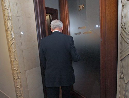 After a turbulent day with 5 senior ministers resigning from cabinet Premier Greg Selinger heads to his office after a ceremony where 5 new cabinet ministers were sworn in at the Manitoba Legislature Monday afternoon  - See Bruce Owen story - Nov 03, 2014   (JOE BRYKSA / WINNIPEG FREE PRESS)