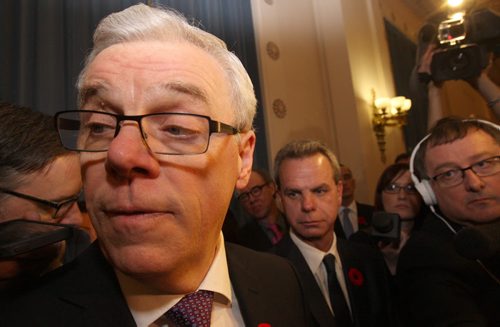 After a turbulent day with 5 senior ministers resigning from cabinet Premier Greg Selinger answers questions to media after a ceremony where 5 new cabinet ministers were sworn in at the Manitoba Legislature Monday afternoon  - See Martin Cash story - Oct 24, 2014   (JOE BRYKSA / WINNIPEG FREE PRESS)