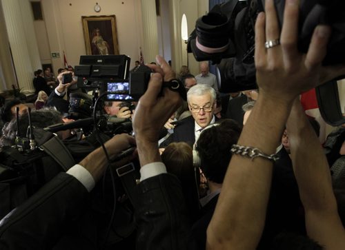 Manitoba Premier Greg Selinger in media scum after the announcement of the changes in cabinet Tuesday. Bruce Owen/Larry Kusch story.   WAYNE GLOWACKI / WINNIPEG FREE PRESS) Nov.3 2014