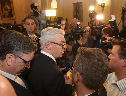 After a turbulent day with 5 senior ministers resigning from cabinet Premier Greg Selinger talks with media after a ceremony where 5 new cabinet ministers were sworn in at the Manitoba Legislature Monday afternoon  - See Martin Cash story - Oct 24, 2014   (JOE BRYKSA / WINNIPEG FREE PRESS)
