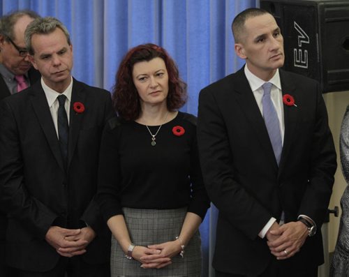 From left, James Allum, Minister of Justice , Sharon Blady, Minister of Health and Kevin Chief, Minister of Jobs and the Economy at the announcement of the changes in cabinet Tuesday. Bruce Owen/Larry Kusch story.   WAYNE GLOWACKI / WINNIPEG FREE PRESS) Nov.3 2014