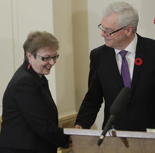 At left Melanie Wight, Minister of Children and Youth Opportunities  with Manitoba Premier Greg Selinger  at the swearing-in ceremony for the changes in cabinet Tuesday. Bruce Owen/Larry Kusch story.   WAYNE GLOWACKI / WINNIPEG FREE PRESS) Nov.3 2014