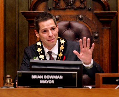 New Mayor Brian Bowman strugled with tears at times as he officiated his first council meeting Tuesday evening. See Mary Agnes Welch story.  November 4, 2014 - (Phil Hossack / Winnipeg Free Press)