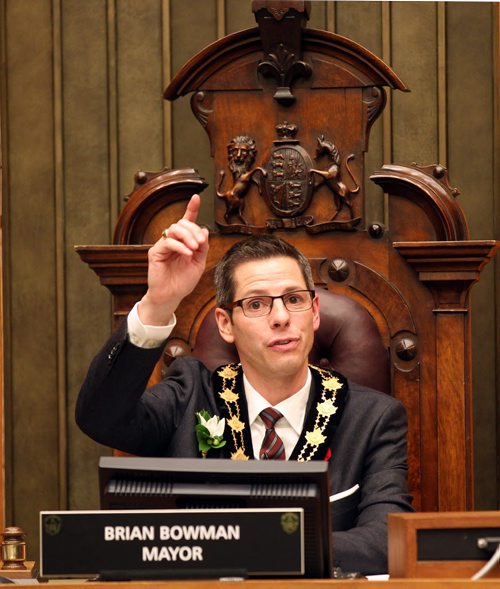 Newly Minted Mayor Brian Bowman presides over his first meeting of city council Tuesday night as City Counsil held it's inagural meeting. See Mary Agnes Welch story. November 4, 2014 - (Phil Hossack / Winnipeg Free Press)