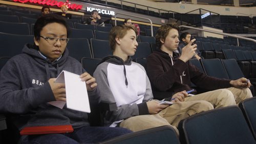 Grade 9 students, offspring of Winnipeg Free Press employees involved in Take Our Kids to Work day attend the Winnipeg Jets practice in the MTS Centre Wednesday. From left is Joe Nguyen, Jon Sneesby and Josh Samyn at the practice.   WAYNE GLOWACKI / WINNIPEG FREE PRESS) Nov.5 2014