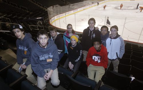 Grade 9 students, offspring of Winnipeg Free Press employees involved in Take Our Kids to Work day attend the Winnipeg Jets practice in the MTS Centre Wednesday.  WAYNE GLOWACKI / WINNIPEG FREE PRESS) Nov.5 2014
