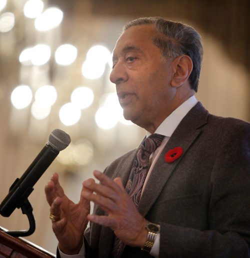 The Honourable Wally Oppal Q.C. from Vancouver, BC. speaks at the Manitoba Criminal Justice Association Annual Crime Prevention Breakfast & Workshop Thursday held at the Fort Garry Hotel.  Justice Wally Oppal was the inquiry judge in the Robert Picton inquiry. WAYNE GLOWACKI / WINNIPEG FREE PRESS) Nov.6 2014