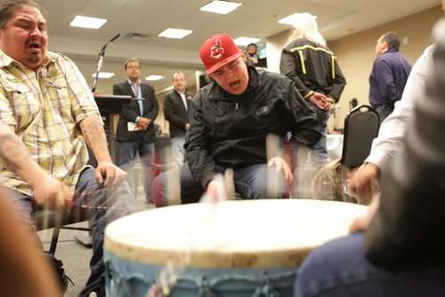 AFN CANDIDATES DEBATE - Spirit Sands Drummers perform prior to the candidates for the National Chief of the Assembly of First Nations  - Perry Bellegarde, Leon Jourdain and Ghislain Picard debate Thursday.   Nov 6,  2014 Ruth Bonneville / Winnipeg Free Press