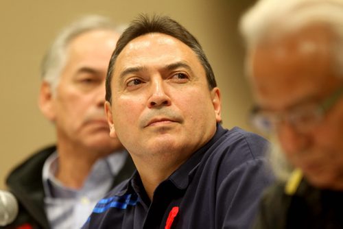 AFN CANDIDATES DEBATE - Perry Bellegarde (centre) , Leon Jourdain (front) and Ghislain Picard are the 3  candidates for the upcoming election for National Chief of the Assembly of First Nations  attend debate Thursday evening at Holiday Inn Airport.  Nov 6,  2014 Ruth Bonneville / Winnipeg Free Press
